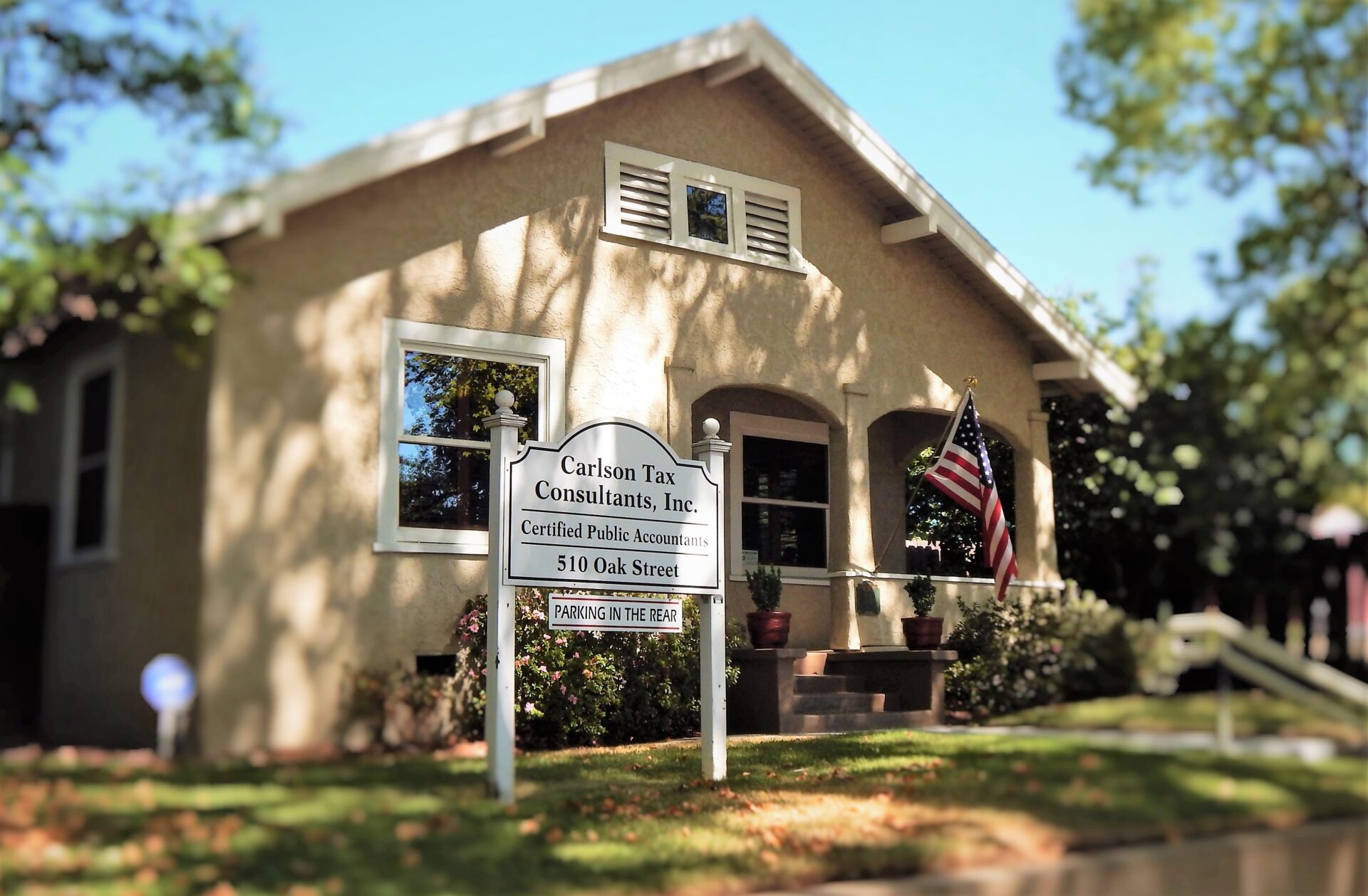 The Carlson Tax Consultants office, a 1920s Craftsman bungalow at 510 Oak Street in Roseville, California